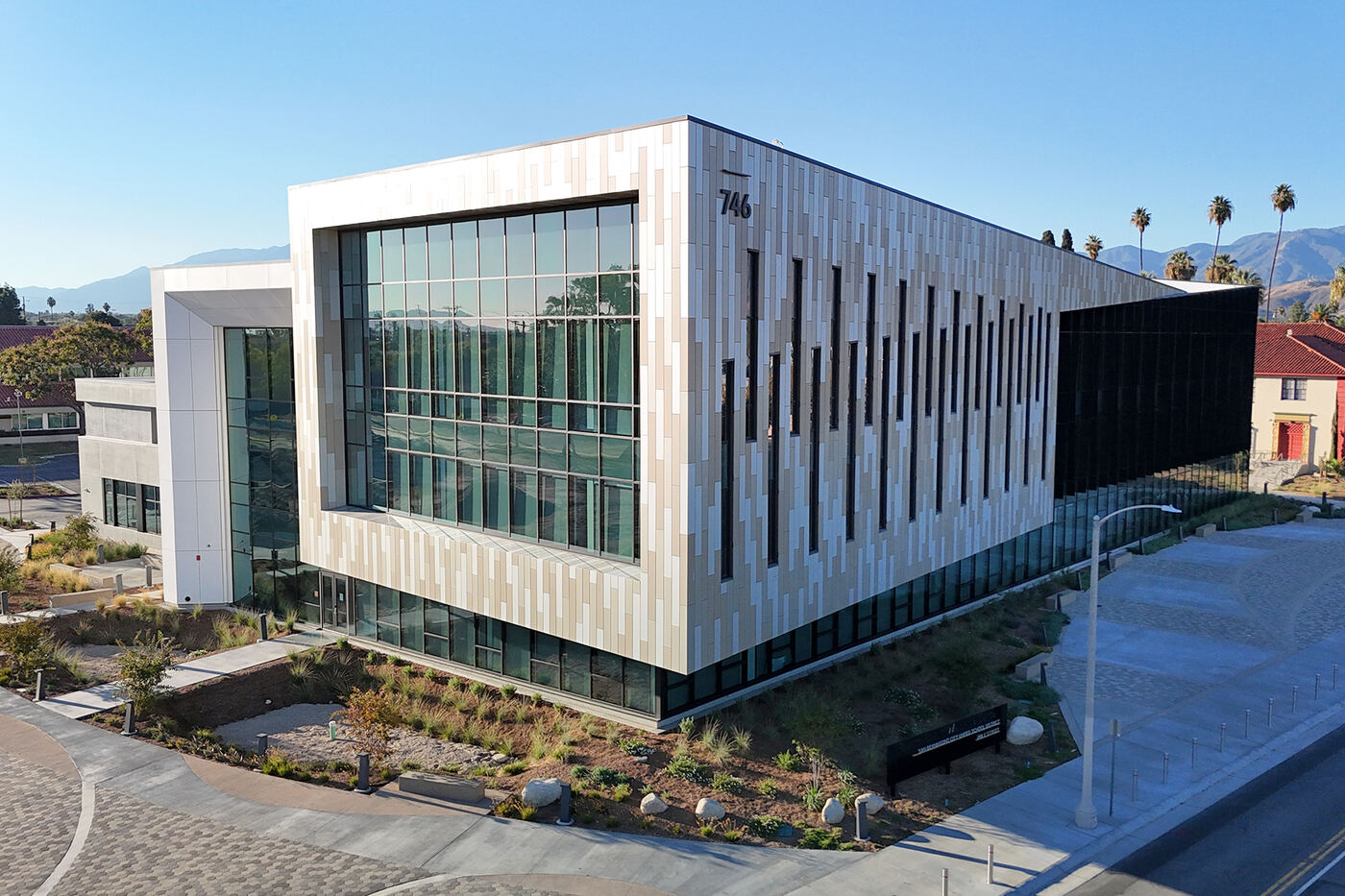 Welcoming Resource Center glass curtain wall facade, San Bernardino, CA